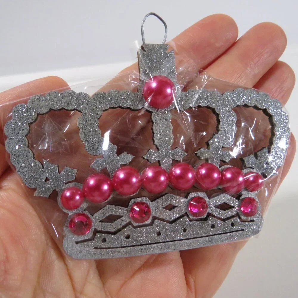 Silver Crown Pink Pearls Laser Cut Wooden Ornament Hangs King Queen